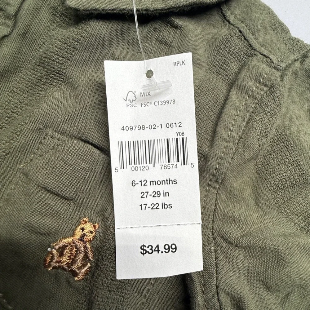 Baby Gap Olive Night Woven Shortie Romper 6-12 Months Green Cotton 409798-02